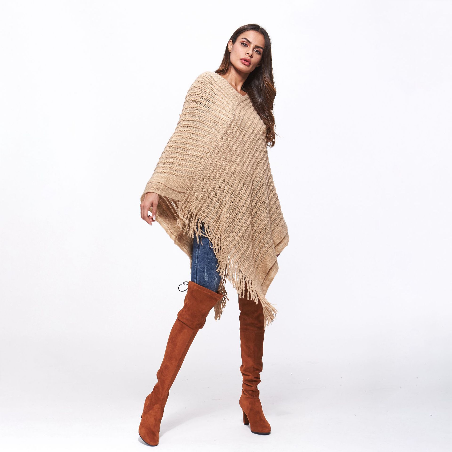 SZ60183-2 Loose Style Tassels Knit Irregular Cloak Sweater